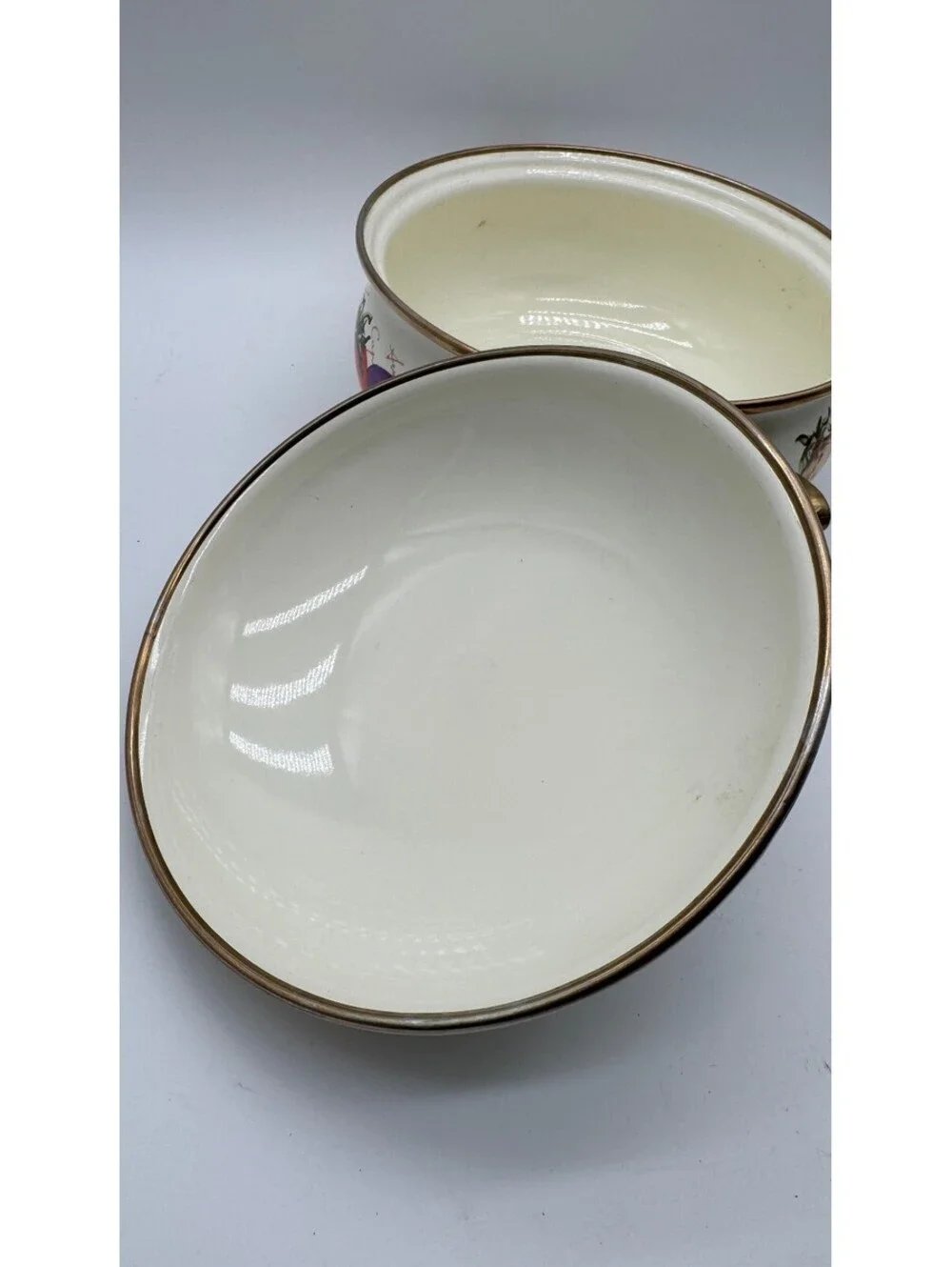 Vintage Ceramic Covered Casserole Tureen Vegetable Design Brass Tone Handles